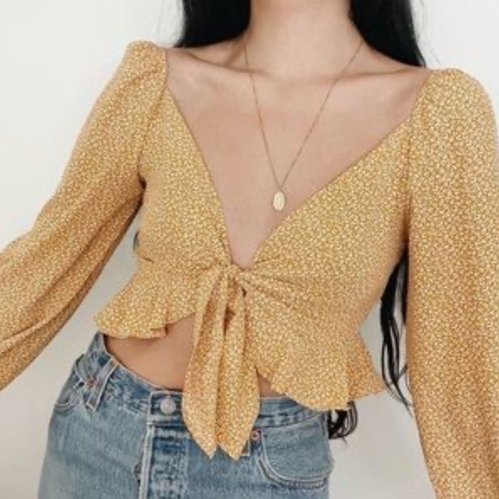 Blue Blush Mustard Yellow Tie-Front Cropped Top
